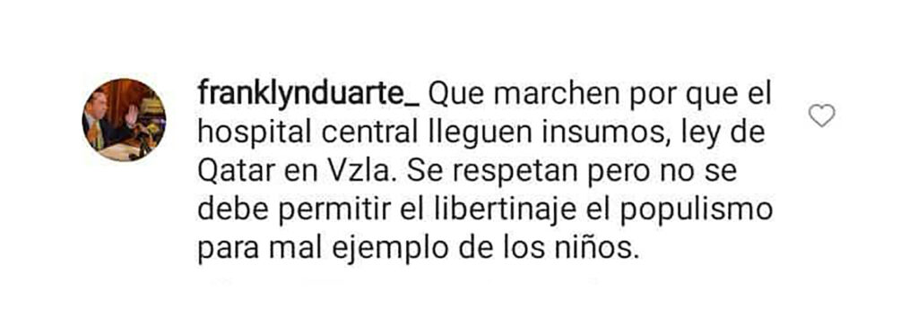 Captura del comentario realizado por Duarte en la red social Instagram  