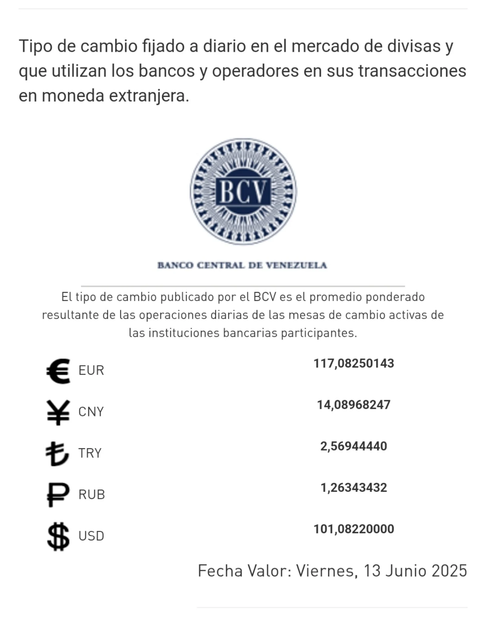 Dólar BCV 13 junio
