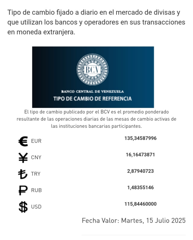 Dólar BCV 15 julio